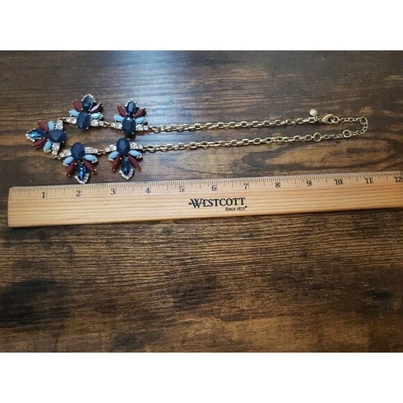 J. Crew Burgundy Navy Blue Rhinestone Statement Necklace Gold Tone Lobster Clasp - Picture 9 of 9